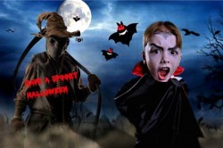 Boy dressed as Dracula on spooky background using greenscreen